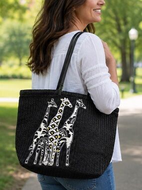 Vera Bradley Black Straw Tote with Patterned Giraffe Appliqué